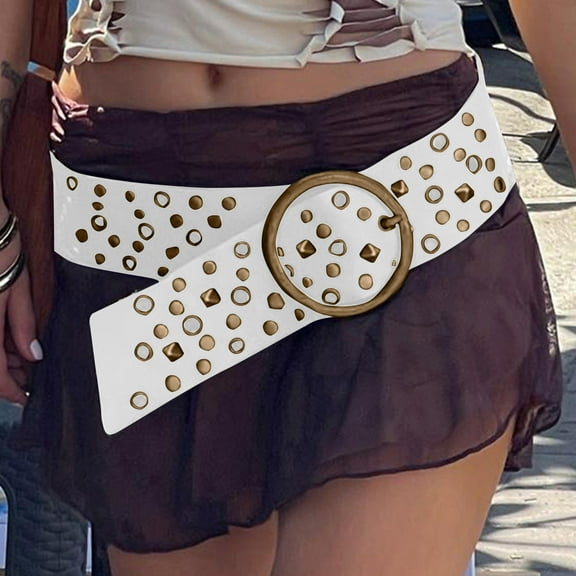 ITSAME Vintage Belt for Womens, Rivet Elastic Leather Cowboy Pin Buckle Waistband White Free Size