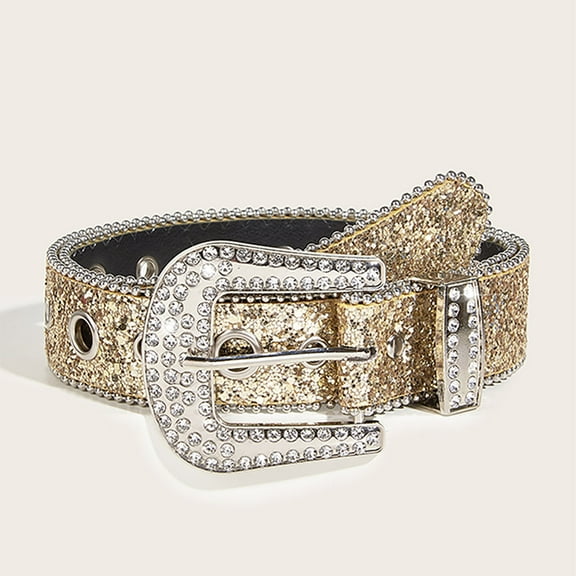 ITSAME Vintage Rhinestone Belts for Women, Fashion Sequin Adjustable Cowboy Pin Buckle Waistband Yellow Free Size