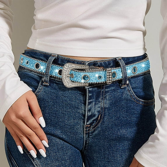 ITSAME Vintage Rhinestone Belts for Women, Sequin Fashion Adjustable Thin Cowboy Pin Buckle Waistband Light Blue Free Size
