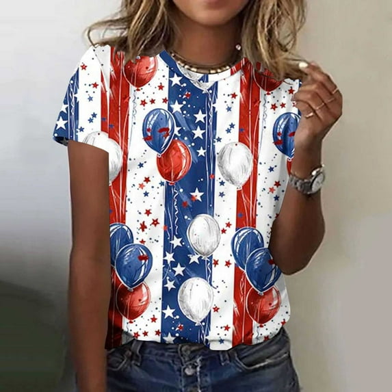 ITSAME Women's 4th of July T-Shirt, American Flag Short Sleeve Plus Size Patriotic Casual Pullover Tees Multicolor M