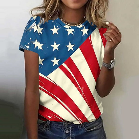 ITSAME Women's 4th of July T-Shirt, Plus Size Crew Neck Short Sleeve Patriotic Casual Pullover Tops Multicolor M