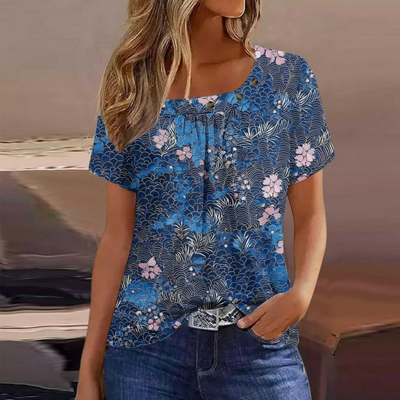 ITSAME Women's Blouse, Short Sleeve Shirt Floral Prints Square Neck Summer Pleated Casual Dressy Tops Navy XL