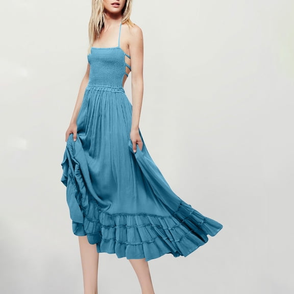 ITSAME Women's Boho Smocked Dress, Halter Sleeveless Sexy Backless Flowy Tiered Summer Beach Holiday Sundress Blue XL