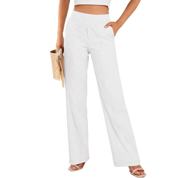 ITSAME Women's Cotton Linen Pants, Straight Leg High Waist Loose Fit Casual Pants with Pockets White Size S
