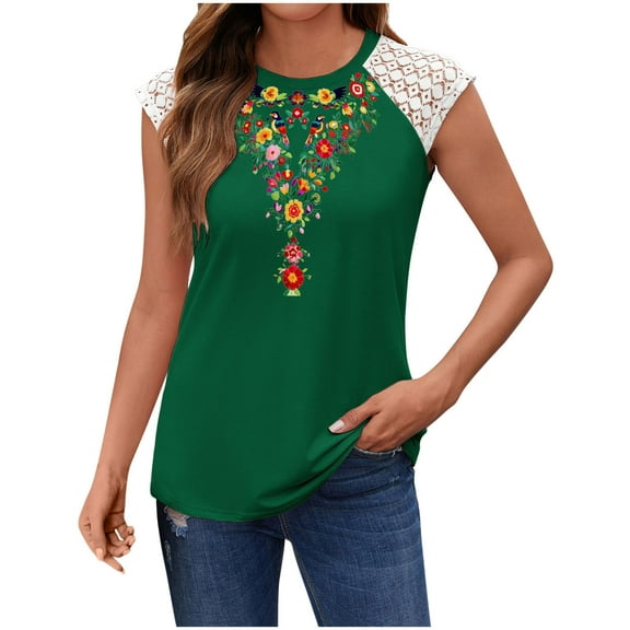 ITSAME Women's Dressy Tank Tops, Floral Prints Lace Sleeveless Crew Neck Summer Fashion Elegant Tops Army Green 2XL