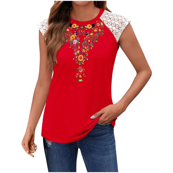 ITSAME Women's Dressy Tank Tops, Lace Sleeveless Floral Prints Crew Neck Summer Fashion Elegant Tops Red XL