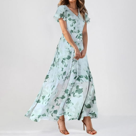 ITSAME Women's Floral Dress, V-Neck Short Sleeve Pleated Summer Beach Flowy Maxi Dresses Green L