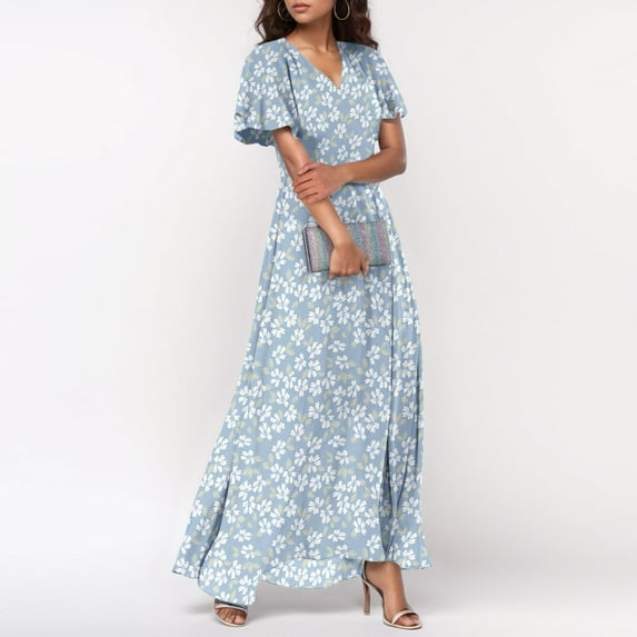ITSAME Women's Floral Dress, V-Neck Summer Beach Bubble Short Sleeve Casual Flowy Long Dresses Light Blue M