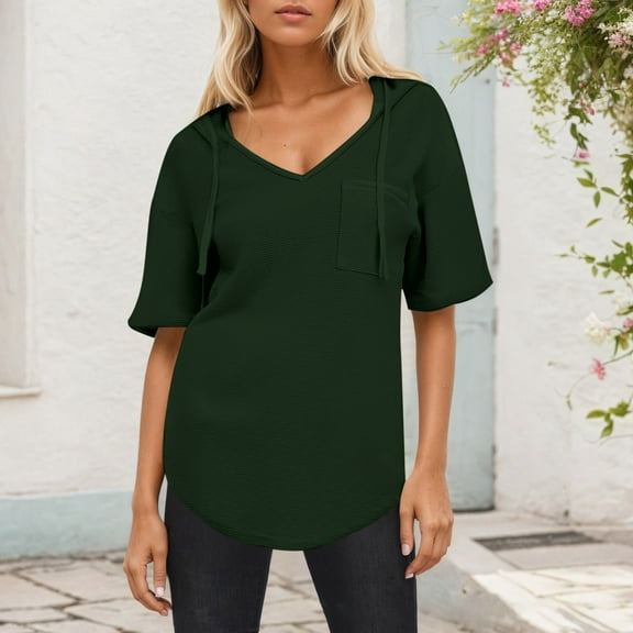 ITSAME Women's Hooded Blouse, Casual Loose Short Sleeve Scoop Neck Summer Fashion Tops Army Green 2XL