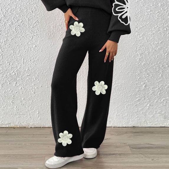 ITSAME Women's Knitted Straight Leg Pants Flower Embroidery Loose Fit High Waist Comfy Lounge Pants Black Size S