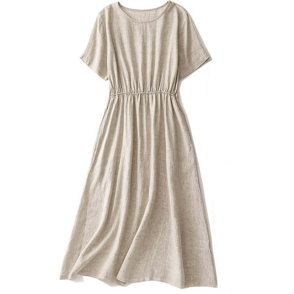 ITSAME Women's Maxi Dress, Crew Neck Cotton Linen Short Sleeve Summer Casual Flowy Dresses Beige M