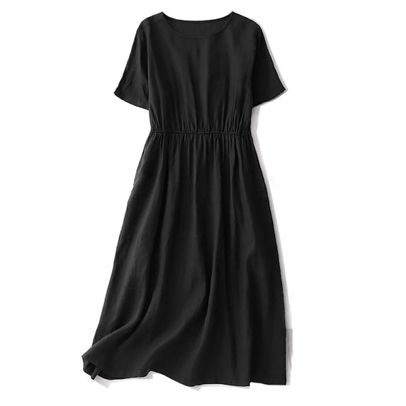 ITSAME Women's Maxi Dress, Crew Neck Short Sleeve Cotton Linen Summer Casual Flowy Dresses Black 2XL
