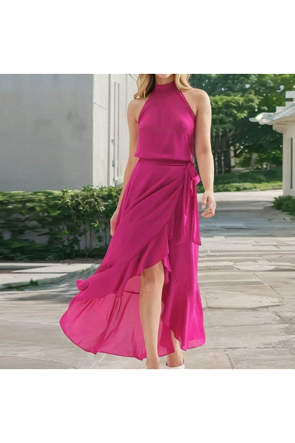Women's Maxi Dress, Irregular Hem Sleeveless Summer Beach Flowy Dress Sexy Ruffles Long Dresses Hot Pink XL