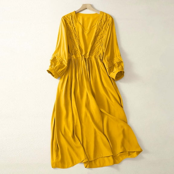 ITSAME Women's Maxi Dress, Pleated Expandable Waist Lace Embroidery V-Neck Casual Dressy Dresses Yellow L