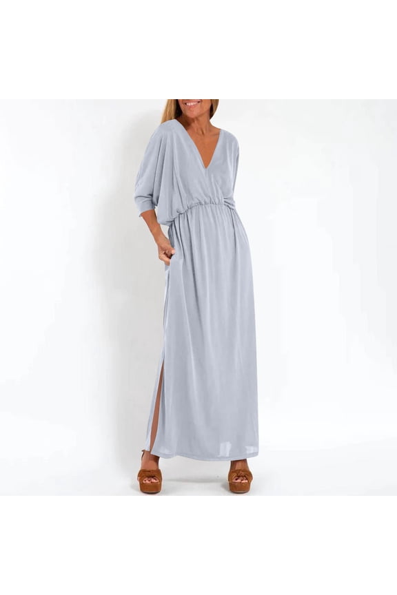Women's Maxi Dress, Short Sleeve V-Neck Elastic Waist Summer Casual Formal Long Dresses Gray 2XL