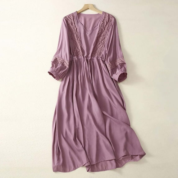 ITSAME Women's Maxi Dress, V-Neck Lace Embroidery Pleated Expandable Waist Casual Dressy Dresses Hot Pink L