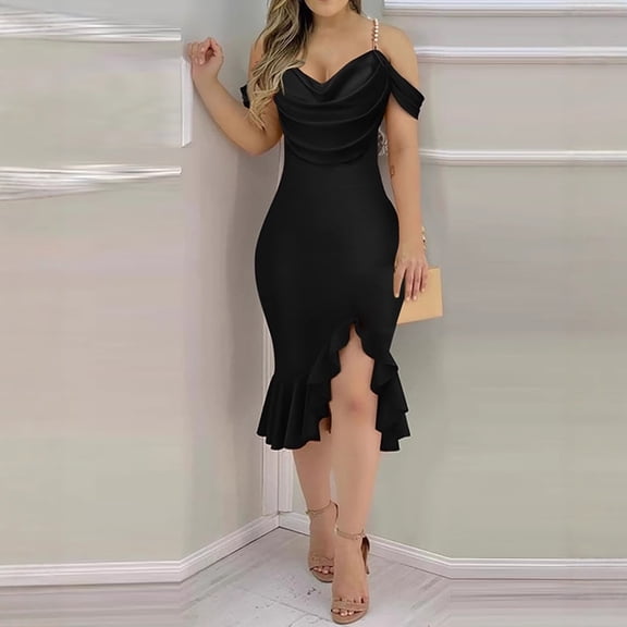 ITSAME Women's Mermaid Prom Dress, Irregular Ruffle Hem Pleated Sexy Pearl Cold Shouler Wedding Party Formal Dresses Black 2XL