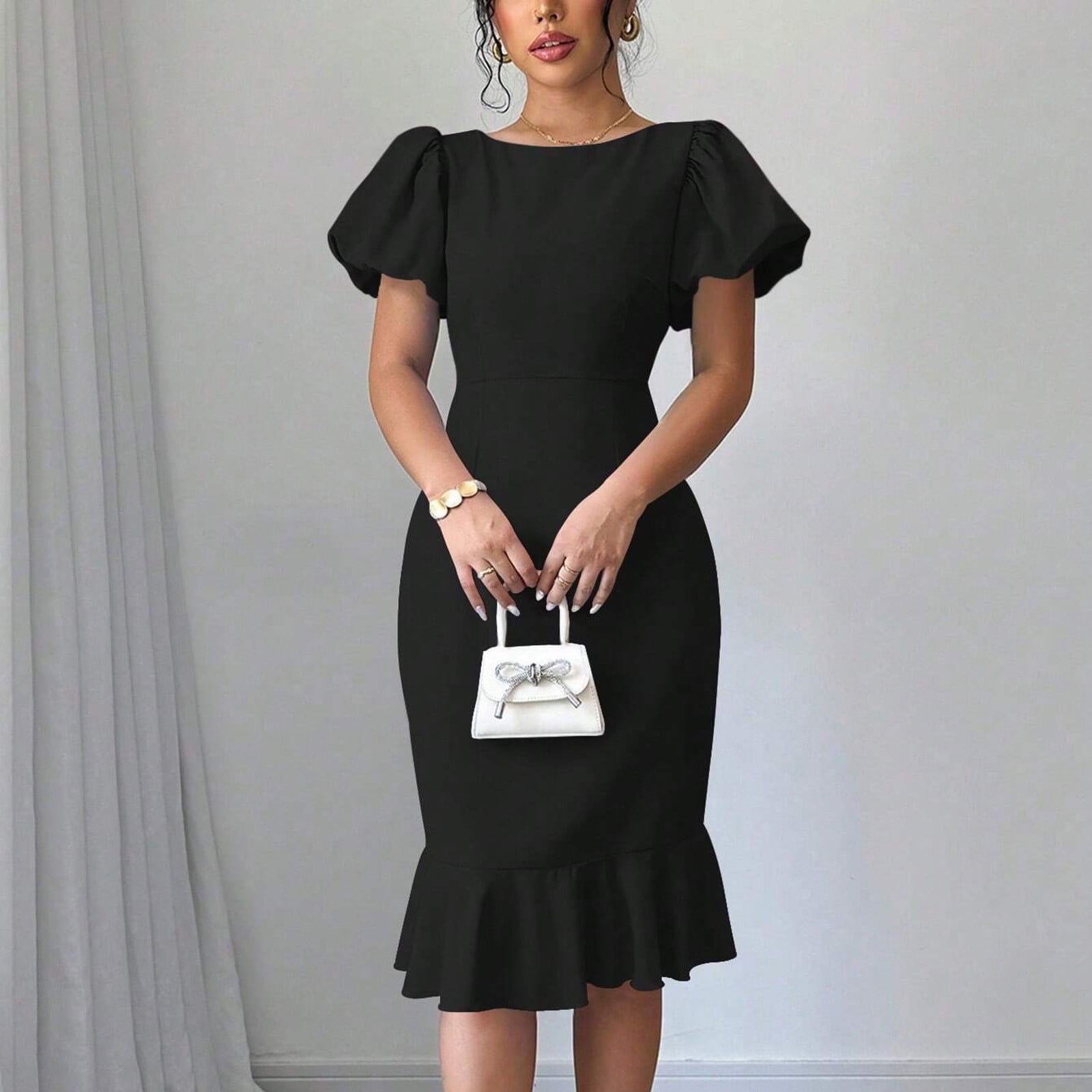 ITSAME Women's Midi Dress, Bubble Short Sleeve Wedding Party Dress Flounce  Hem Mermaid Prom Dresses Black S - Walmart.com