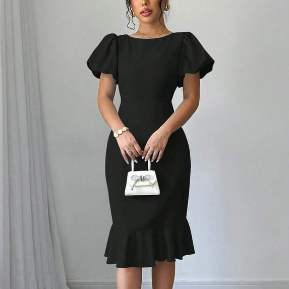 ITSAME Women's Midi Dress, Bubble Short Sleeve Wedding Party Dress Flounce Hem Mermaid Prom Dresses Black XL