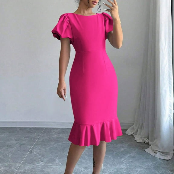 ITSAME Women's Midi Dress, Bubble Short Sleeve Wedding Party Dress Flounce Hem Mermaid Prom Dresses Hot Pink S
