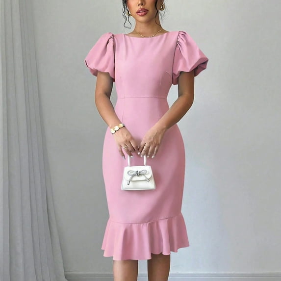 ITSAME Women's Midi Dress, Bubble Short Sleeve Wedding Party Dress Flounce Hem Mermaid Prom Dresses Pink XL