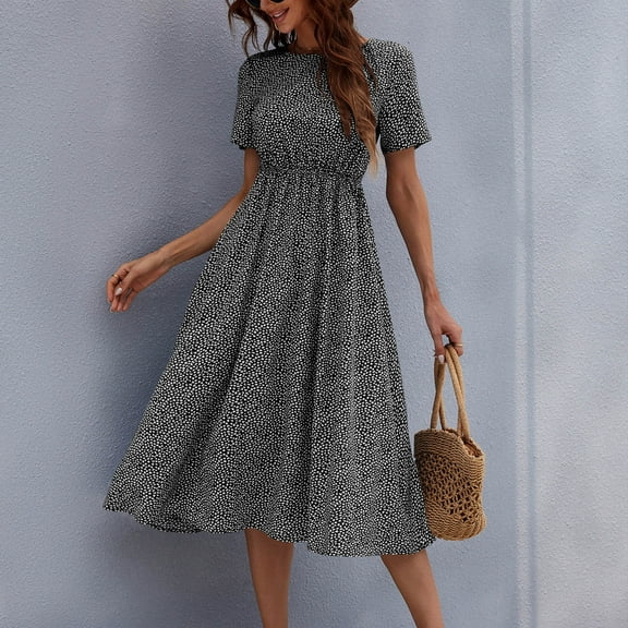 ITSAME Women's Midi Dress, Crew Neck Short Sleeve Lightweight Comfy Summer Casual Flowy Dresses Black L