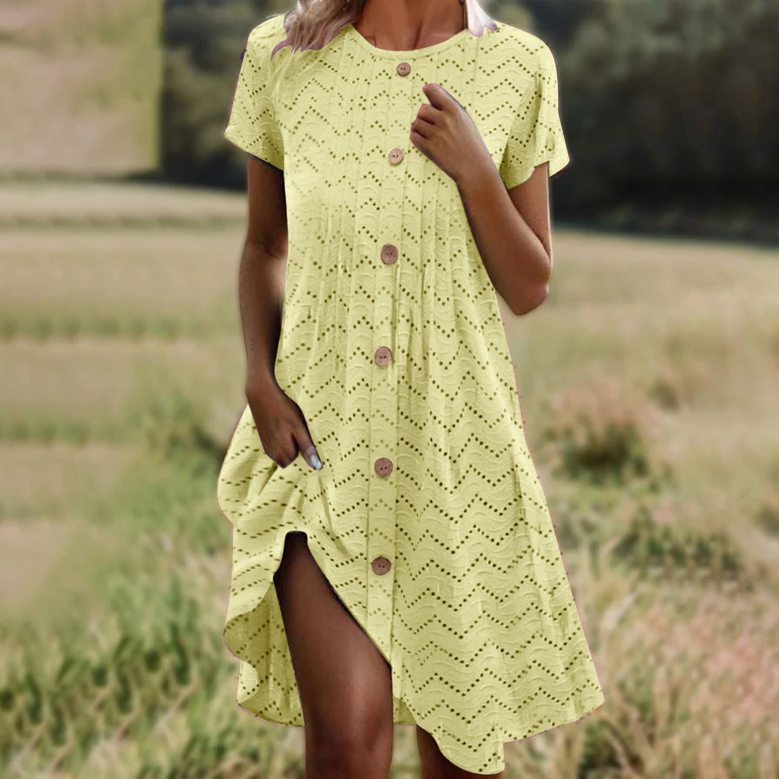Itsame Women's Midi Dress, Round Neck Short Sleeve Comfy Causal Summer Flare Fit Dresses Yellow M, Size: Medium