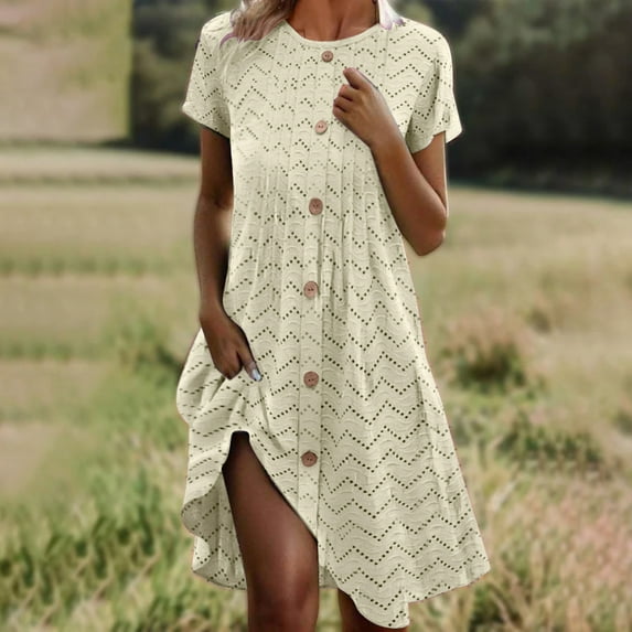 ITSAME Women's Midi Dress, Short Sleeve Comfy Causal Round Neck Summer Flare Fit Dresses Beige M