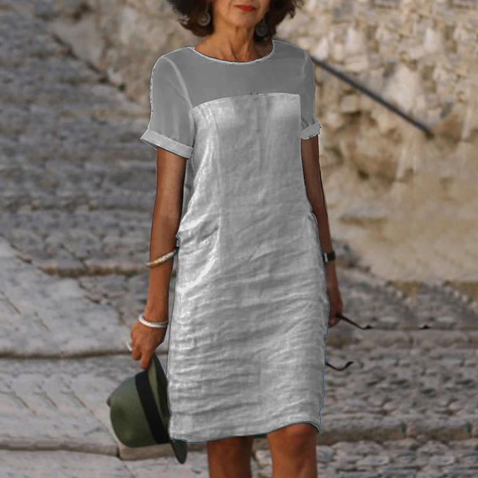 ITSAME Women's Midi Dress, Short Sleeve Cotton Linen Crew Neck Summer A- Frame Dressy Dresses Gray S - Walmart.com