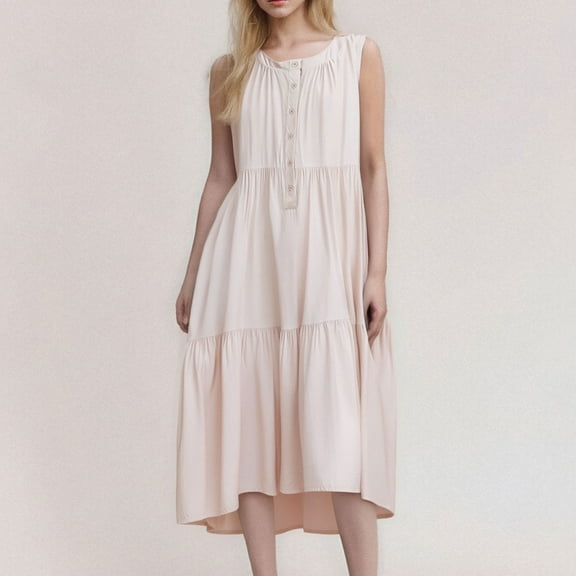 ITSAME Women's Midi Dress, Sleeveless Solid Color Cotton Linen Summer Casual Beach Flowy Sundress Pink M