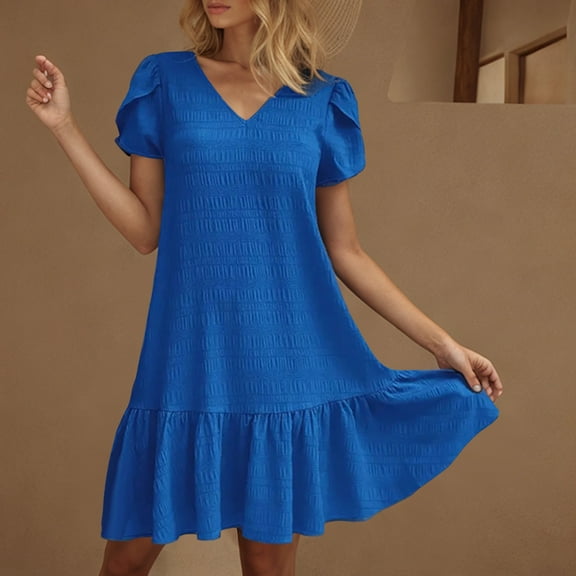 ITSAME Women's Midi Dress, V Neck Ruffled Elegant Short Sleeve Summer Casual Loose Dresses Blue 2XL