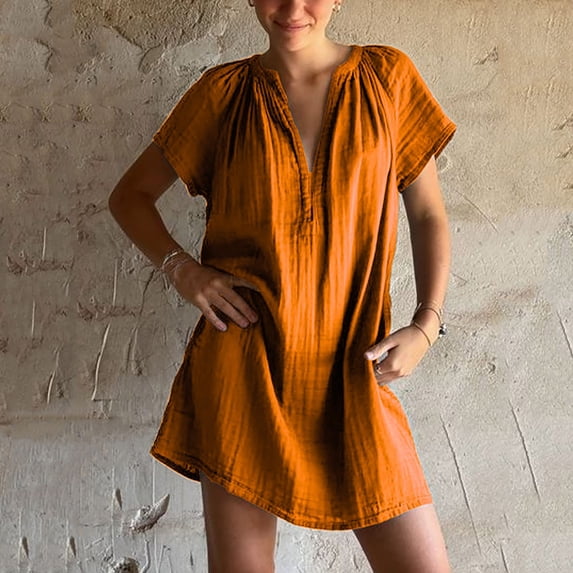 ITSAME Women's Mini Dress, Short Sleeve Wrinkled Deep V-Neck Plus Size Summer Casual A-Frame Dresses Orange 4XL