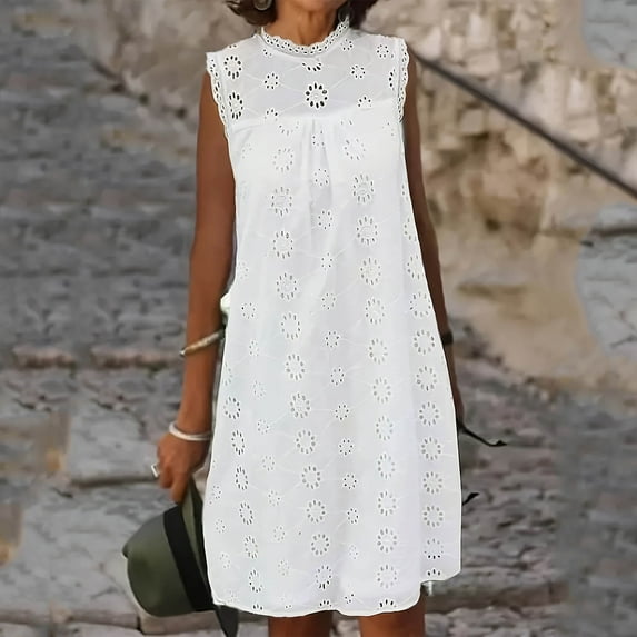 ITSAME Women's Mini Dress, Sleeveless Cotton Linen Lace Hollow Up Summer Casual Beach Flare Dresses White M