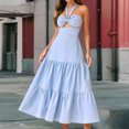 thumbnail image 1 of ITSAME Women's Off-Shoulder Maxi Dress, Backless Sexy Deep V-Neck Halter/Bowknot Summer Beach Flowy Long Dresses Blue M, 1 of 4