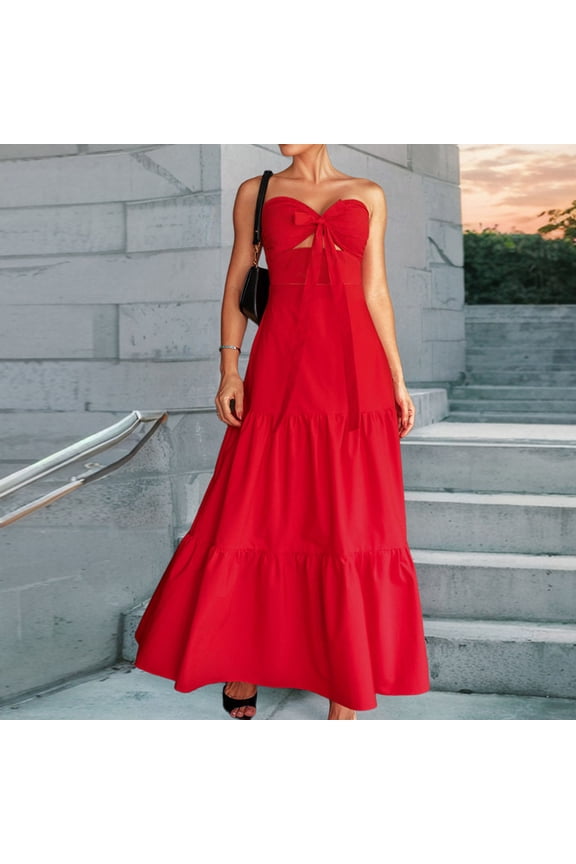Women's Off-Shoulder Maxi Dress, Backless Sexy Deep V-Neck Halter/Bowknot Summer Beach Flowy Long Dresses Red S