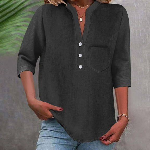 ITSAME Women's Plus Size Blouse, Button V Neck Loose Fit Short Sleeve Summer 2025 Casual Dressy Tops Black 2XL