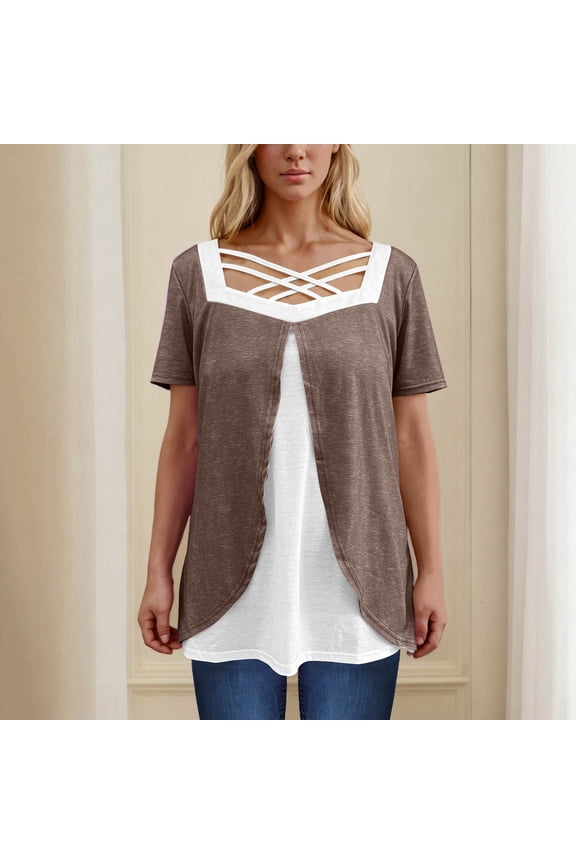 Women's Plus Size Blouse, Color Block Criss Cross Square Neck Short Sleeve Summer New Style Casual Tops Coffee 2XL