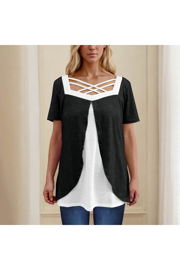 Women's Plus Size Blouse, Color Block Short Sleeve Criss Cross Square Neck Summer New Style Casual Tops Black L