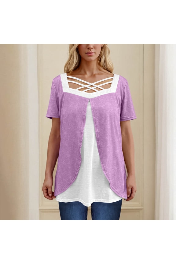 Women's Plus Size Blouse, Criss Cross Square Neck Short Sleeve Color Block Summer New Style Casual Tops Purple 4XL