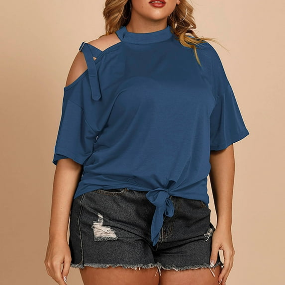 ITSAME Women's Plus Size Blouse, Off-Shoulder Fashion Knot Loose Fit Summer 2025 Causal Dressy Tops Navy 2XL