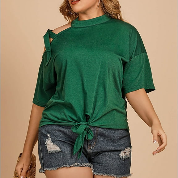 ITSAME Women's Plus Size Blouse, Off-Shoulder Loose Fit Fashion Knot Summer 2025 Causal Dressy Tops Green 2XL