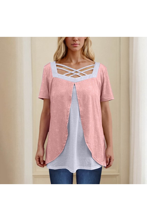 Women's Plus Size Blouse, Short Sleeve Color Block Criss Cross Square Neck Summer New Style Casual Tops Pink M