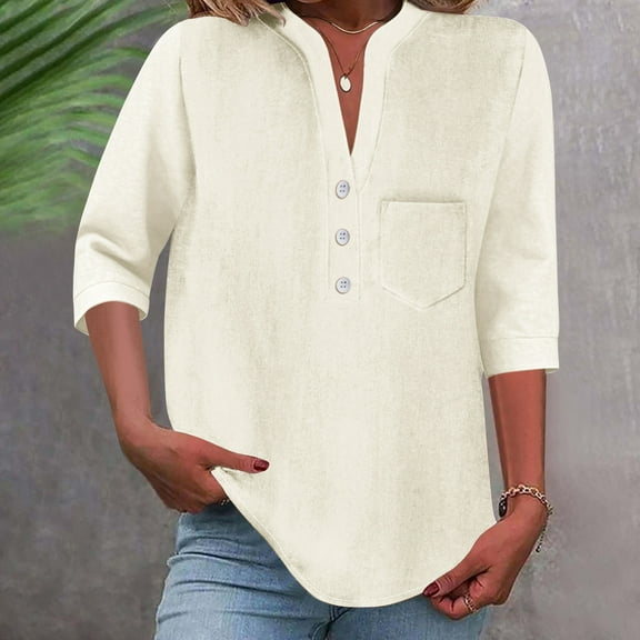 ITSAME Women's Plus Size Blouse, Short Sleeve Loose Fit Button V Neck Summer 2025 Casual Dressy Tops Beige 3XL