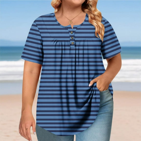 ITSAME Women's Plus Size Blouse, Short Sleeve Shirt Striped Pullover Crewneck Summer Casual Loose Tunic Tops Blue 3XL