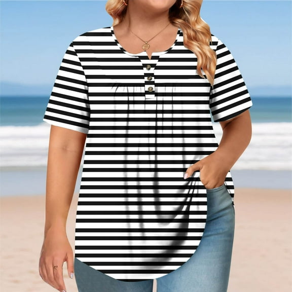 ITSAME Women's Plus Size Blouse, Striped Short Sleeve Shirt Pullover Crewneck Summer Casual Loose Tunic Tops Black L