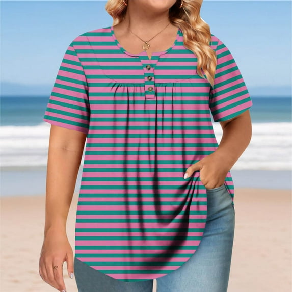 ITSAME Women's Plus Size Blouse, Striped Short Sleeve Shirt Pullover Crewneck Summer Casual Loose Tunic Tops Hot Pink L