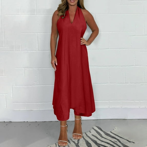ITSAME Women's Plus Size Dress, Halter Sleeveless V Neck Sexy Elegant Solid Color Swing Formal Holiday Dresses Red 4XL