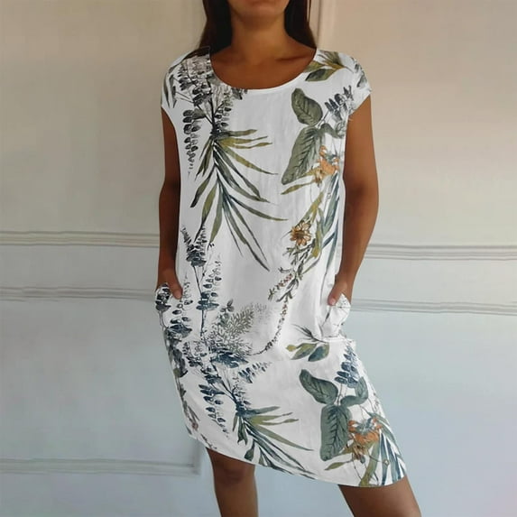 ITSAME Women's Plus Size Dress, Loose Comfy Floral Prints Short Sleeve Summer Casual Midi Dresses White XL