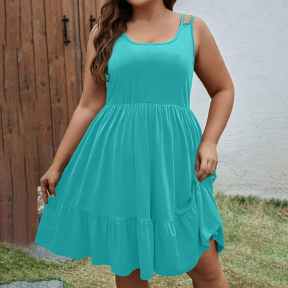 ITSAME Women's Plus Size Dress, Loose Solid Color Sleeveless Crew Neck Summer Flowy Tiered Dresses Sky Blue 4XL
