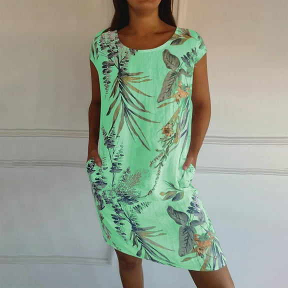 ITSAME Women's Plus Size Dress, Short Sleeve Loose Comfy Floral Prints Summer Casual Midi Dresses Green M
